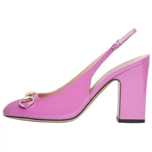 GUCCI Horsebit Patent Leather Chunky Heel High Heels 9.5cm Women's Pink