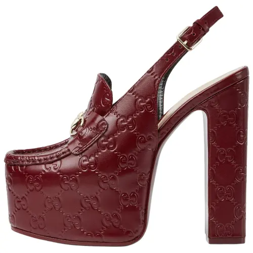 GUCCI Horsebit Leather Chunky Heel High Heels 14.5cm Women's Red
