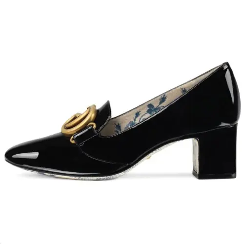 GUCCI Patent Leather Block Heel High Heels 5CM Women's Black