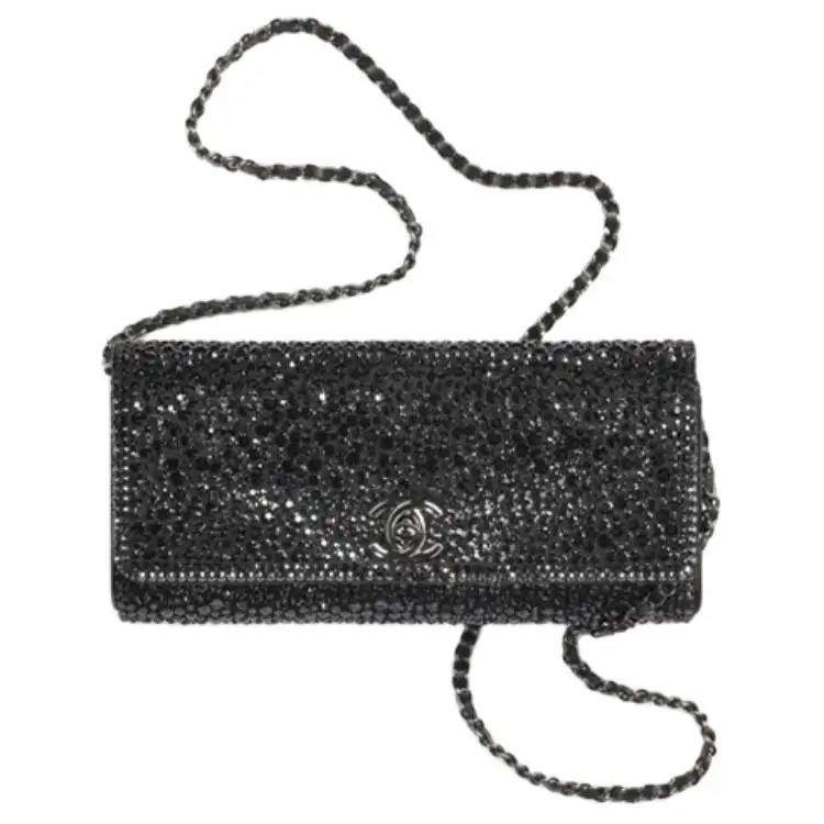 CHANEL Rhinestone Lambskin Coin Purse, Handheld, Shoulder Bag, Crossbody Bag Women's Black