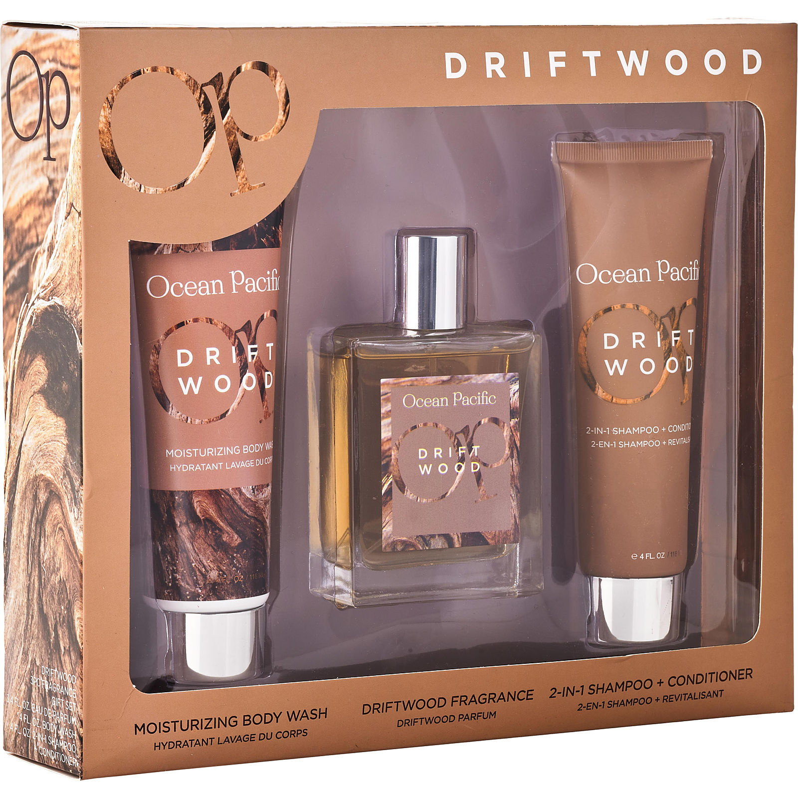 Ocean Pacific Op Driftwood Eau De Parfum Spray 3.4 oz & Body Wash 4 oz & Shampoo + Conditioner 4 oz - Үнэртэй ус