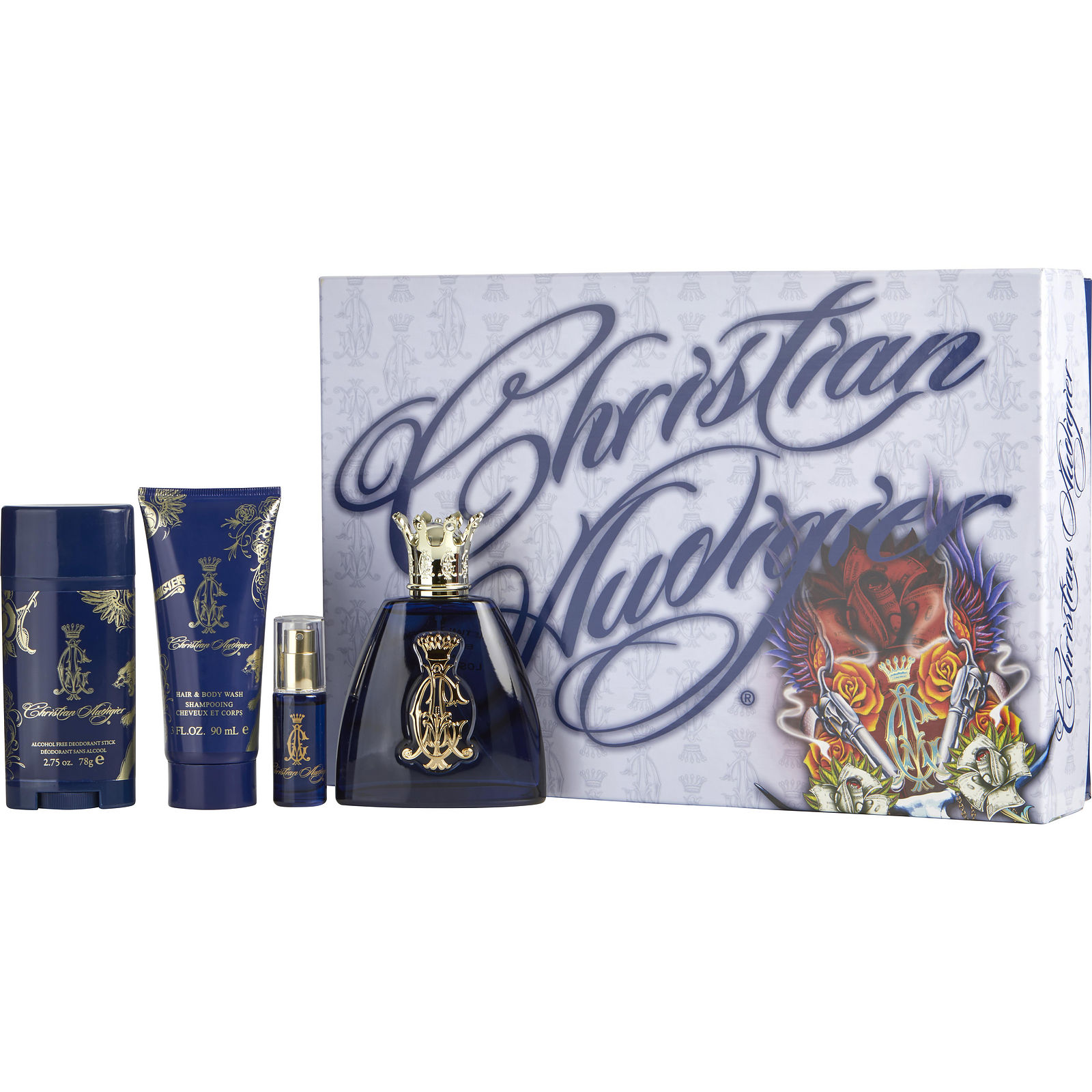 Christian Audigier Eau De Toilette Spray 3.4 oz & Hair And Body Wash 3 oz & Deodorant Stick Alcohol Free 2.7 oz & Eau De Toilette Spray 0.25 oz Mini - Үнэртэй ус