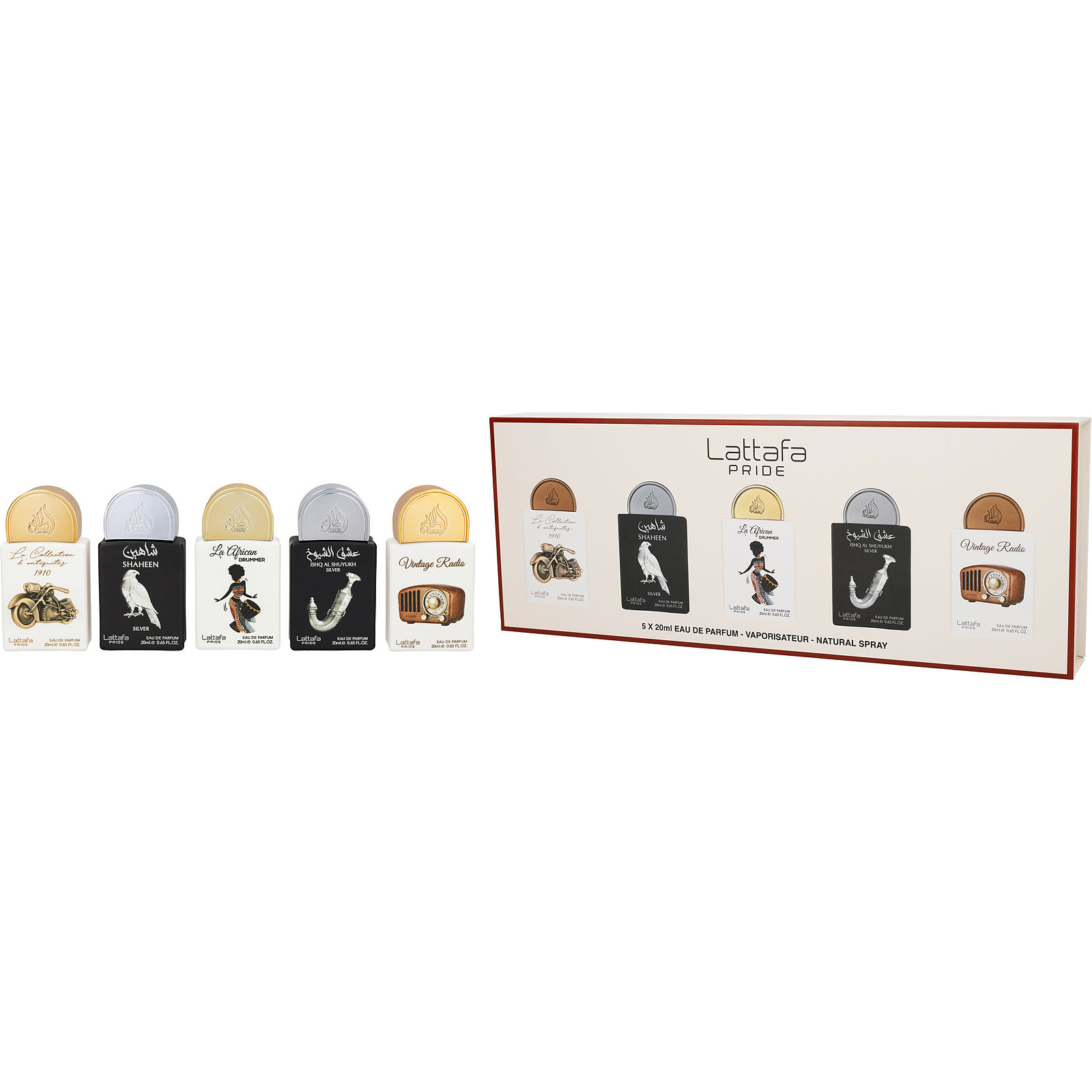Lattafa Pride Variety Collection #5 With Ishq Al Shuyukh Silver & La Collection d'Antiquities 1910 & La African Drummer & Shaheen Silver & Vintage Radio And All Are Eau De Parfum Spray 0.65 oz - Үнэртэй ус