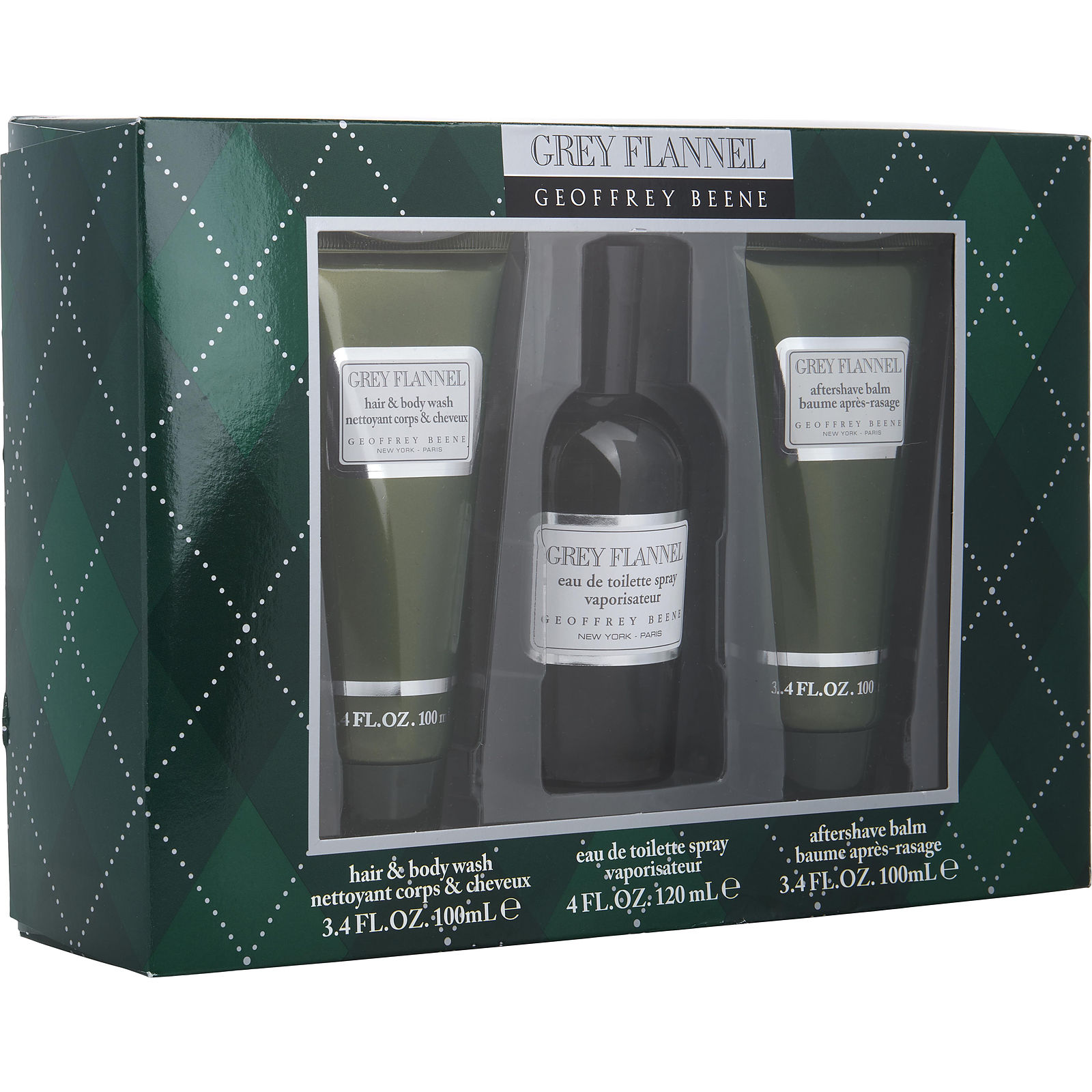 Geoffrey Beene Grey Flannel Eau De Toilette Spray 4 oz & Aftershave Balm 3.4 oz & Hair & Body Wash 3.4 oz - Үнэртэй ус