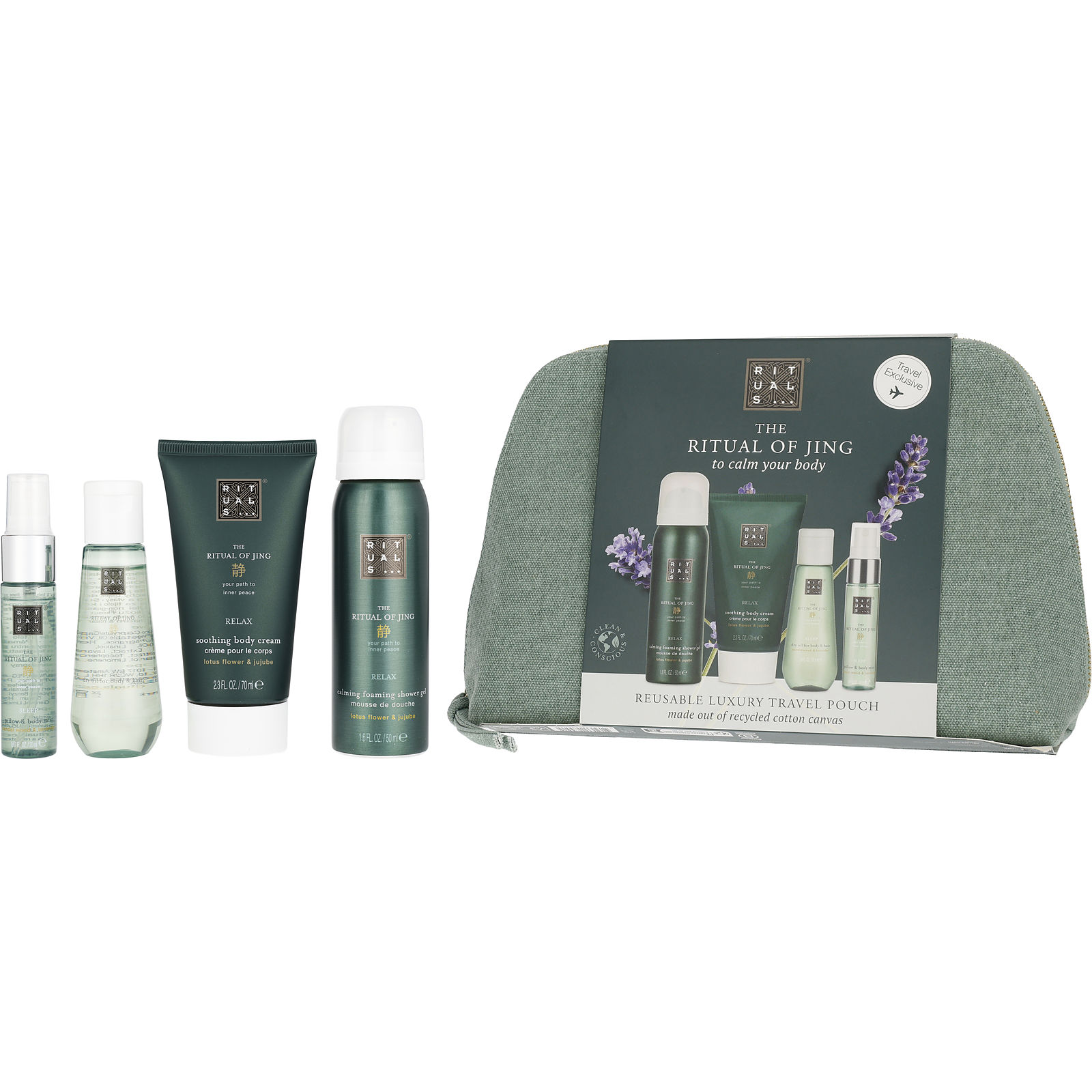 Rituals The Ritual Of Jing Set: Foaming Shower Gel 1.7oz + Body Cream 2.3oz + Dry Oil 1.7oz + Pillow Mist 0.67oz & Bag - Үнэртэй ус