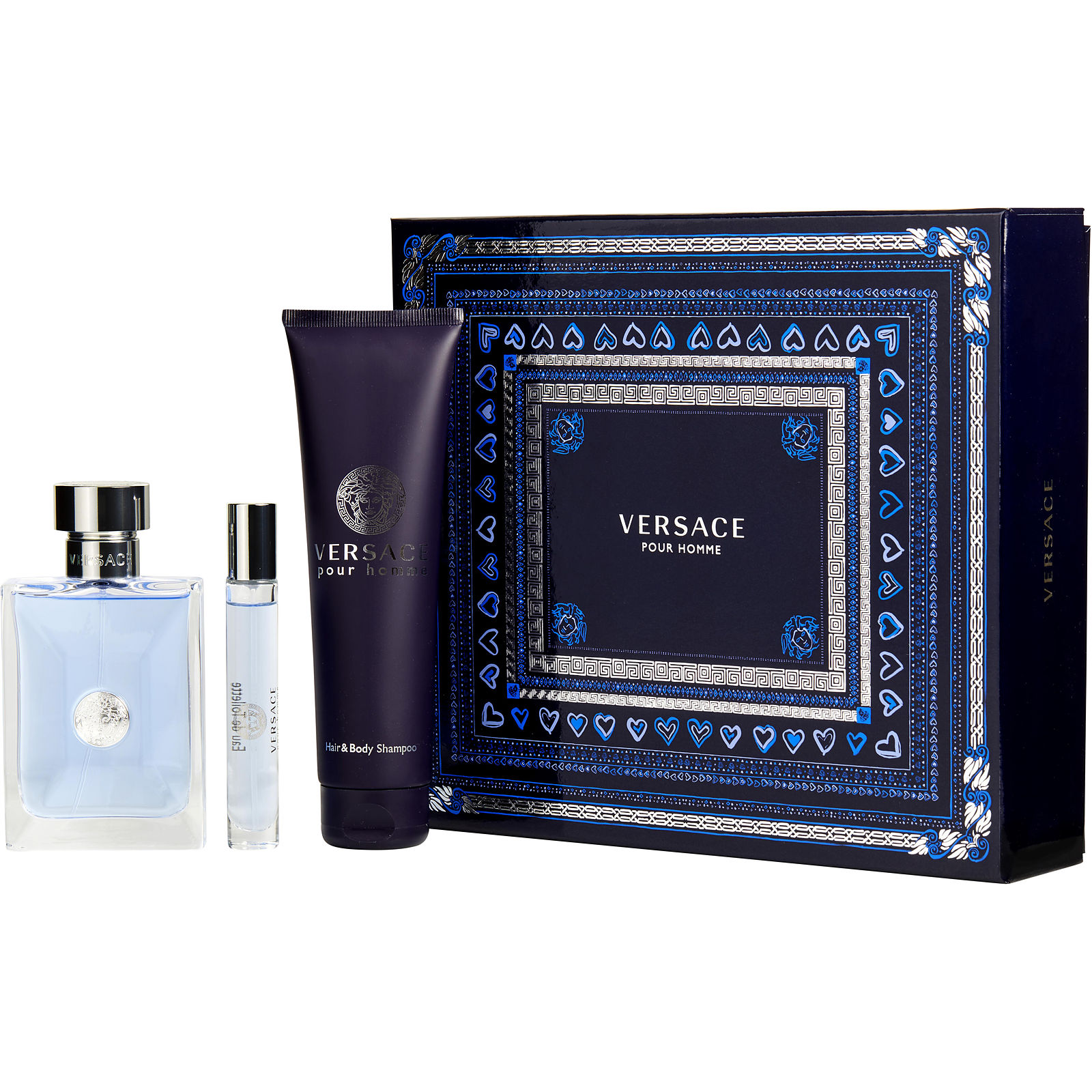 Gianni Versace Versace Pour Homme Eau De Toilette Spray 3.4 oz & Hair And Body Shampoo 5 oz & Eau De Toilette Spray 0.33 oz Mini - Үнэртэй ус